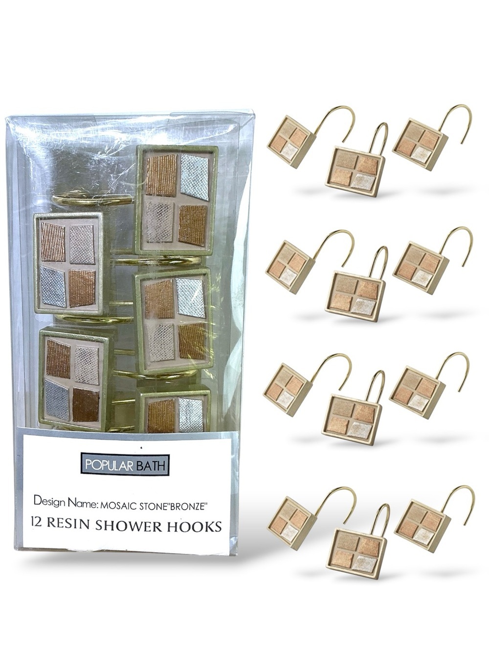 Mosaic Stone Bronze Shower Hooks by Popular Bath Set of Resin 12 Hooks NEW